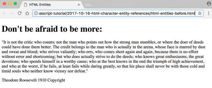 HTML without character references Roosevelt quote browser screenshot